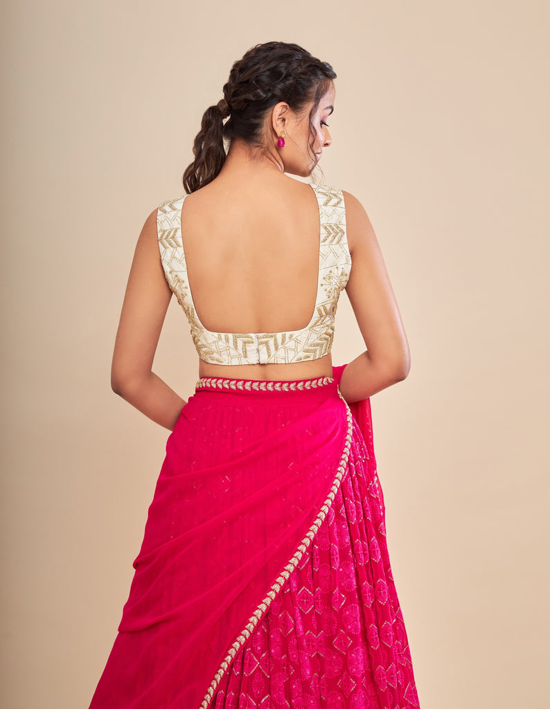 Ivory and Gold Embroidery Lehenga Sari Blouse